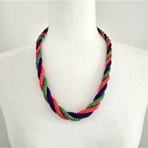 Vintage Beaded Necklace Triple Strand Twisted Purple Red Green Boho Festival 24"